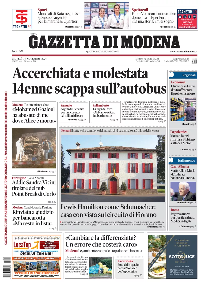 Prima-pagina-gazzetta di modena-oggi-edizione-del-2024-11-14